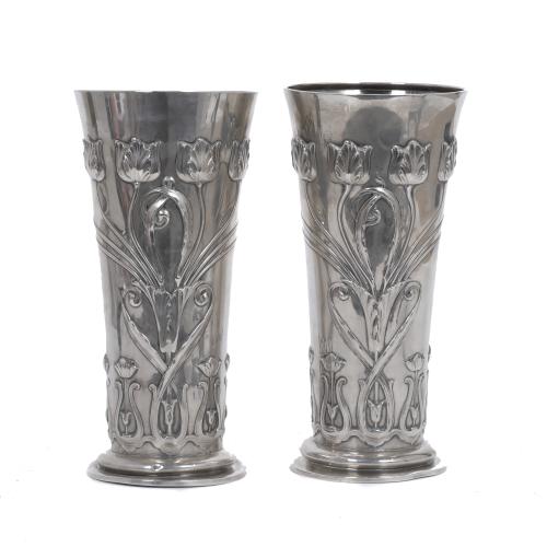 PAIR OF ART NOUVEAU SILVER FLOWER VASES, PROBABLY JEWISH, CIRCA 1900.