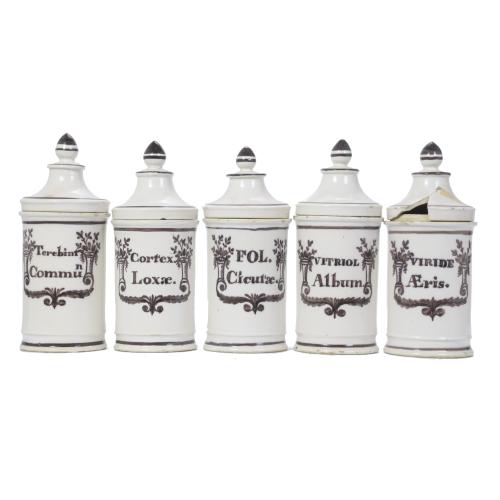 FIVE PHARMACY JARS, 20TH CENTURY.