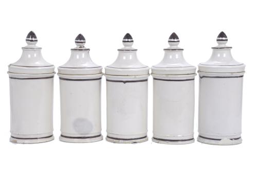 FIVE PHARMACY JARS, 20TH CENTURY.