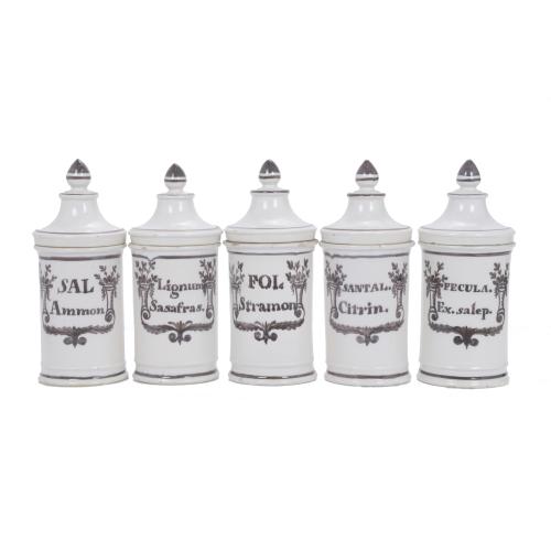 FIVE PHARMACY JARS, 20TH CENTURY.