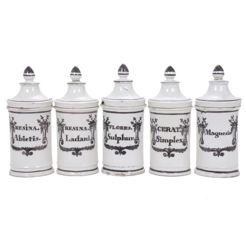 FIVE PHARMACY JARS, 20TH CENTURY.