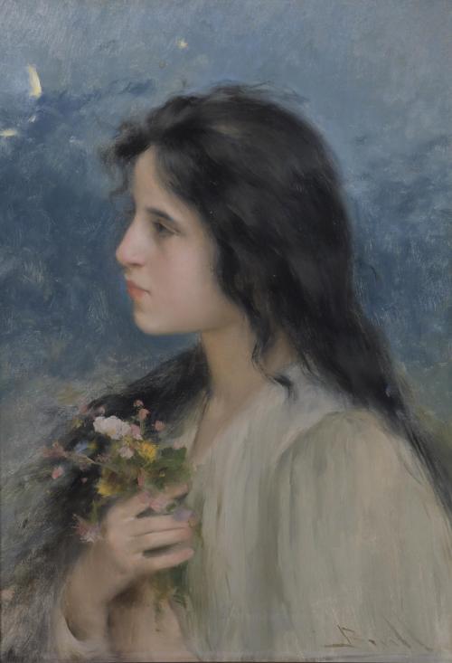 JOAN BRULL VINYOLES (1863-1912) "RETRATO NOCTURNO JOVEN CON FLORES".