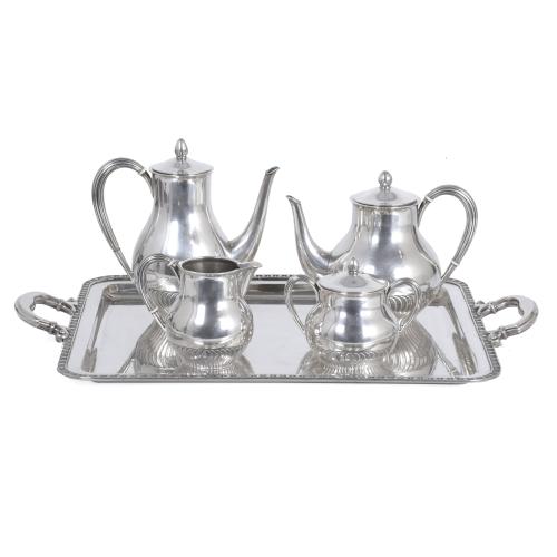 COFFEE SET WITH SILVER TRAY, 20TH CENTURY. 