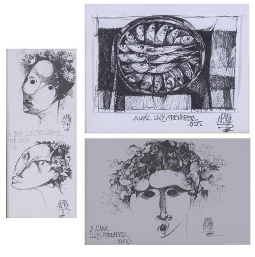 JORDI ALUMA MASVIDAL (1924-2021). Dos litografías y un dibujo a bolígrafo negro sobre papel, 2005-2008.