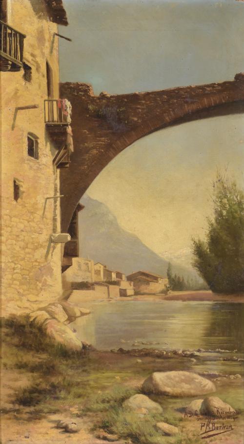 PABLO MARIA BERTRAN Y TINTORÉ (1868-1909). "PAISAJE CON RÍO Y PUENTE".