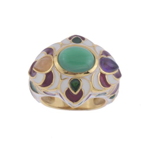 RING WITH ENAMEL, CHRYSOPRASE, AMETHYST AND CABOCHON CITRINE