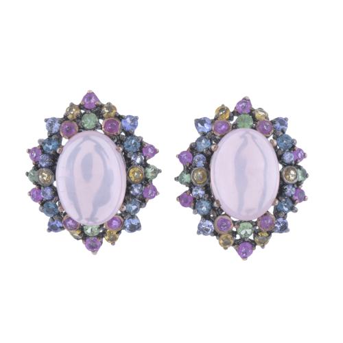 EARRINGS WITH ROSE CABOCHON QUARTZ, COLOURED SAPPHIRES, TANZANITES AND TSAVORITES