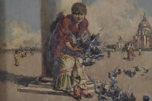 RAFAEL JUAN CONTELL (1850-?).  "GIRL WITH PIGEONS".