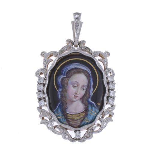 COLGANTE CON ESMALTE DE LA VIRGEN MARIA , EN ORO Y DIAMANTES