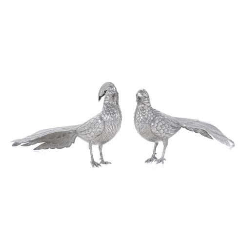 PAIR OF SPANISH SILVER TABLE PHEASANTS, SECOND HALF OF THE 20TH CENTURY.