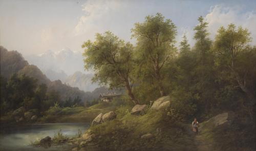  EDUARD BOEHM (1830-1890).  "PAISAJE ALPINO CON CAMPESINA".