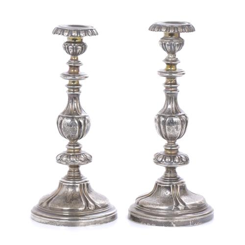 PAIR OF ELIZABETHAN SILVER CANDELABRA, 19TH CENTURY. 