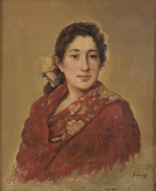 JOSE MARIA ALARCÓN Y CÁCERES (1848-1904).  "PORTRAIT OF A GIRL WITH A SHAWL".