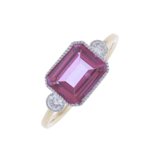 ART DECO STYLE RING WITH ROSE TOPAZ AND DIAMONDS.