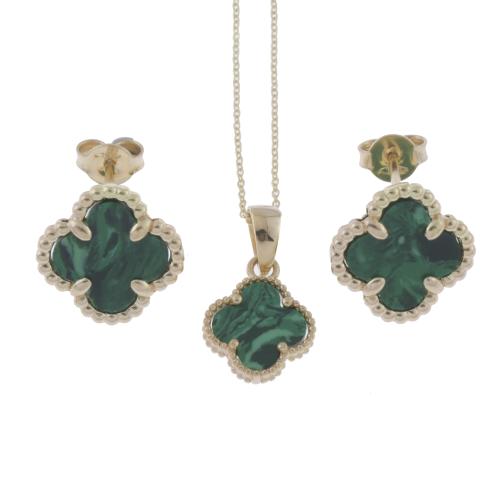 EARRINGS AND PENDANT WITH MALACHITE, AFTER ALHAMBRA MODELS BY VAN CLEEF.