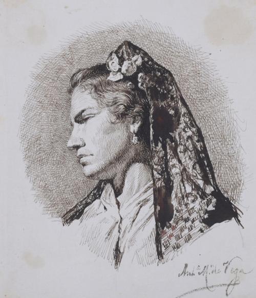 ANTONIO M. VEGA, SIGLO XIX. "MUJER CON MANTILLA".