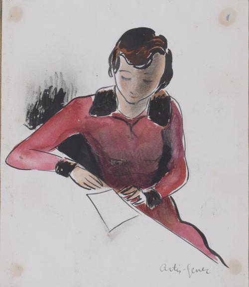 AVEL·LI ARTIS-GENER (1912-2000).  Pair of drawings "GIRL IN RED DRESS".