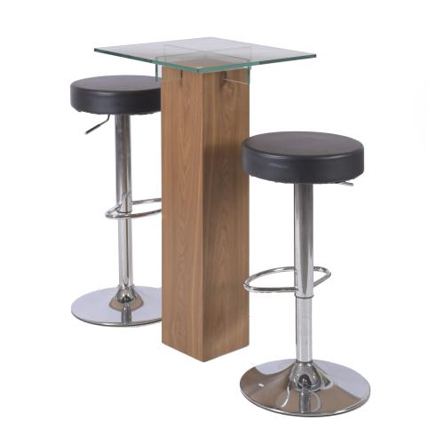 TABLE AND PAIR OF BAR STOOLS.