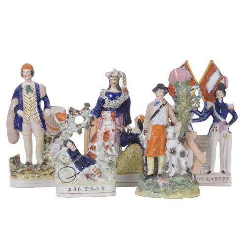 SET OF FIVE FIGURES IN ENGLISH STAFFORDSHIRE EARTHENWARE, SECOND HALF 19TH CENTURY.