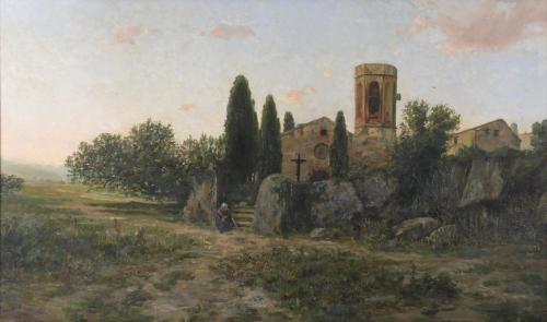 19TH-20TH CENTURY CATALAN SCHOOL. "LANDSCAPE WITH A CHURCH AND A FIGURE".