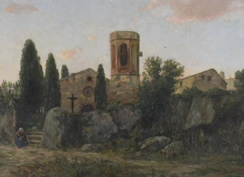 19TH-20TH CENTURY CATALAN SCHOOL. "LANDSCAPE WITH A CHURCH 