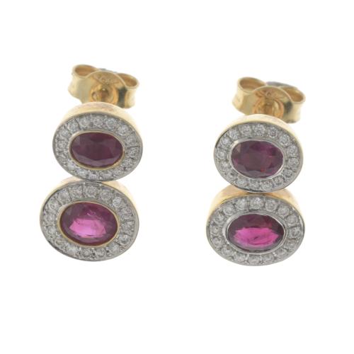 EARRINGS WITH DOUBLE ROSETTE OF RUBIES AND DIAMONDS