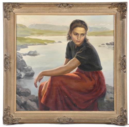 FRANCESC GALOFRE SURÍS (1901-1986). "Girl sitting by a lake