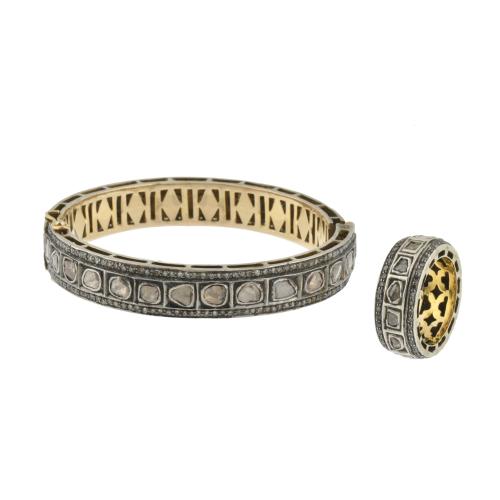 Bracelet and ring in gold with silver views and diamonds