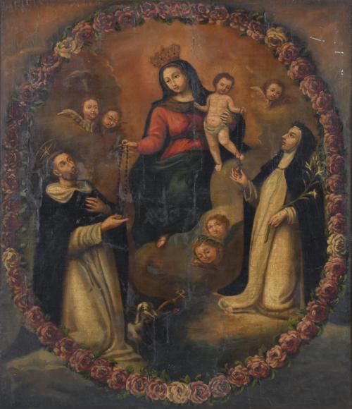 18TH CENTURY ANDALUSIAN SCHOOL. "Madonna handing a rosary to St. Dominic of Guzman and St. Catherine of Siena".