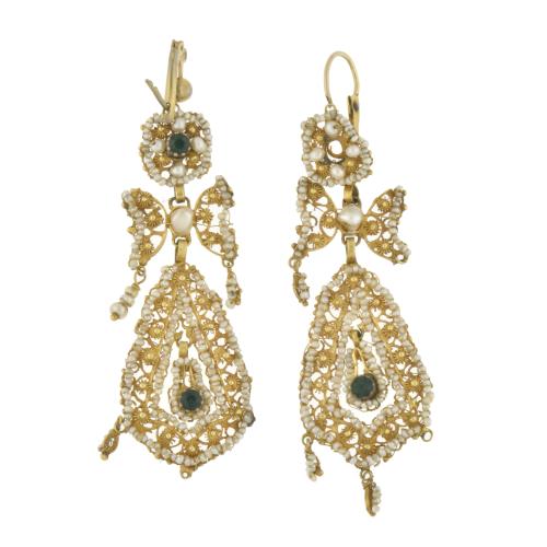 Popular filigree earrings with pearls and emeralds, 1930's.