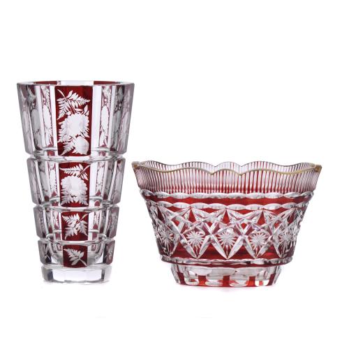 Set of two carved Bohemia glass vases, 20th century.