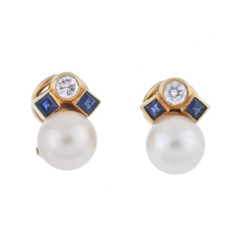 Earrings with pearls, sapphires and diamonds.