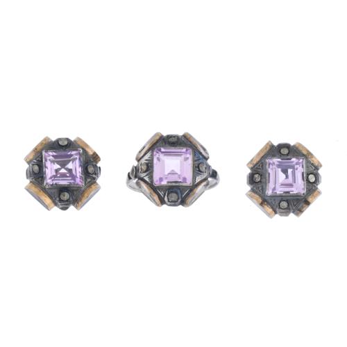 Modernist ring and earrings with amethysts.