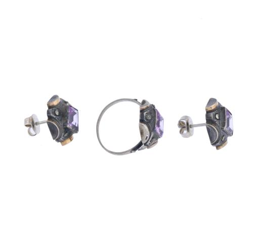 Modernist ring and earrings with amethysts.