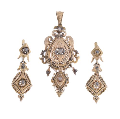 Alphonsine set of earrings and pendant, late 19th century.