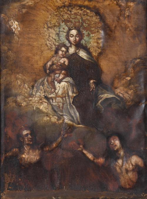 ESCUELA ESPAÑOLA, SIGLO XVIII. "Virgen con niño y penitentes".