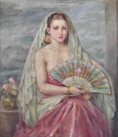 CARMEN OSÉS (1898-1961).  "Joven con abanico y mantilla".