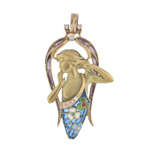 After models by MASRIERA Y CARRERAS. Pendant with nymph in glazed enamel and diamonds.