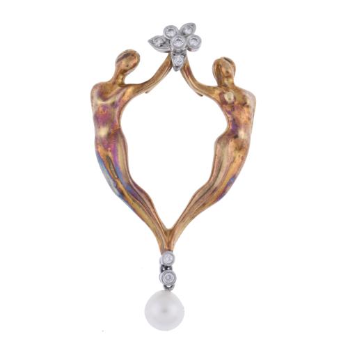 PUIG DORIA. Couple-shaped pendant with diamonds.