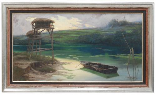 ENRIQUE SERRA Y AUQUÉ (1859-1918)Laguna pontina con atalaya.Óleo sobre lienzo