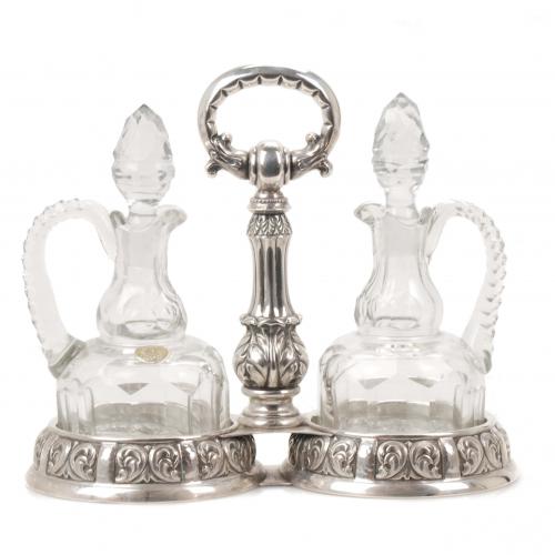 OIL AND VINEGAR CRUET, SILVER AND CUT CRYSTAL, MID 20TH CEN